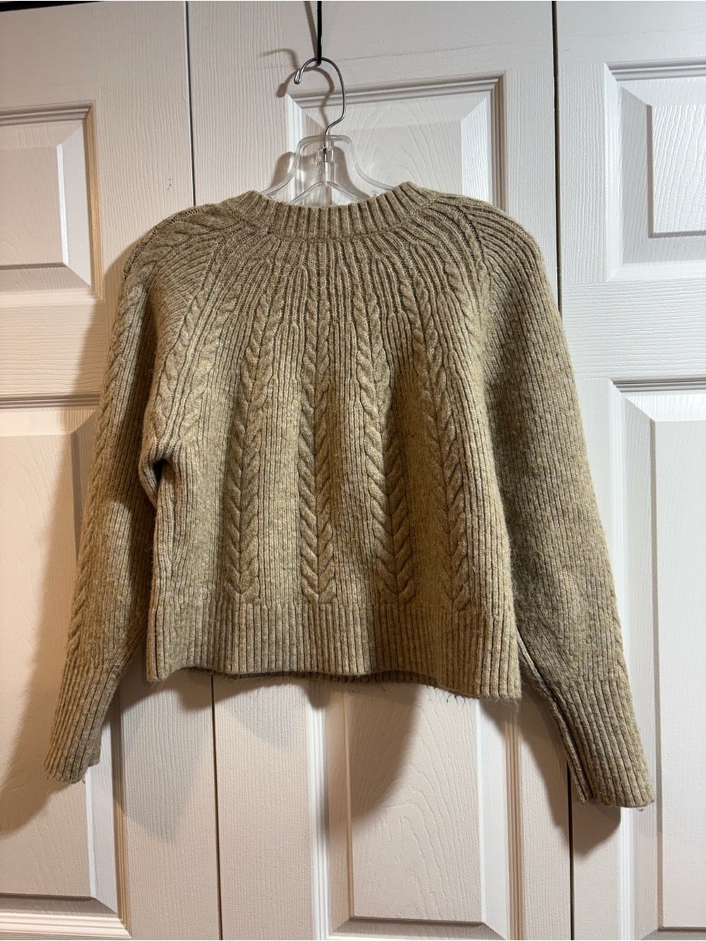 Pearl-Accent Cable Knit Crewneck Sweater in oatmeal coquette romantic academia - Picture 3 of 5